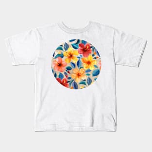 Colorful Watercolor Hibiscus on Warm Beige Kids T-Shirt